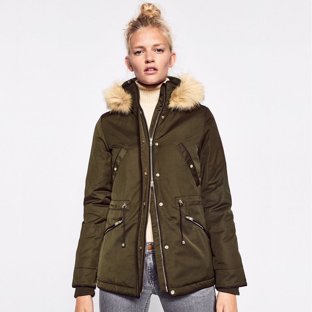 ZARA Parka Army Green Fur Hooded Coat S
